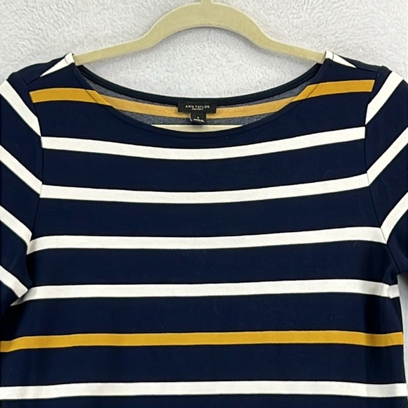 Ann Taylor Factory Dress Size Small Navy/White/Gold Stripe Rayon Blend Knit - Picture 3 of 9